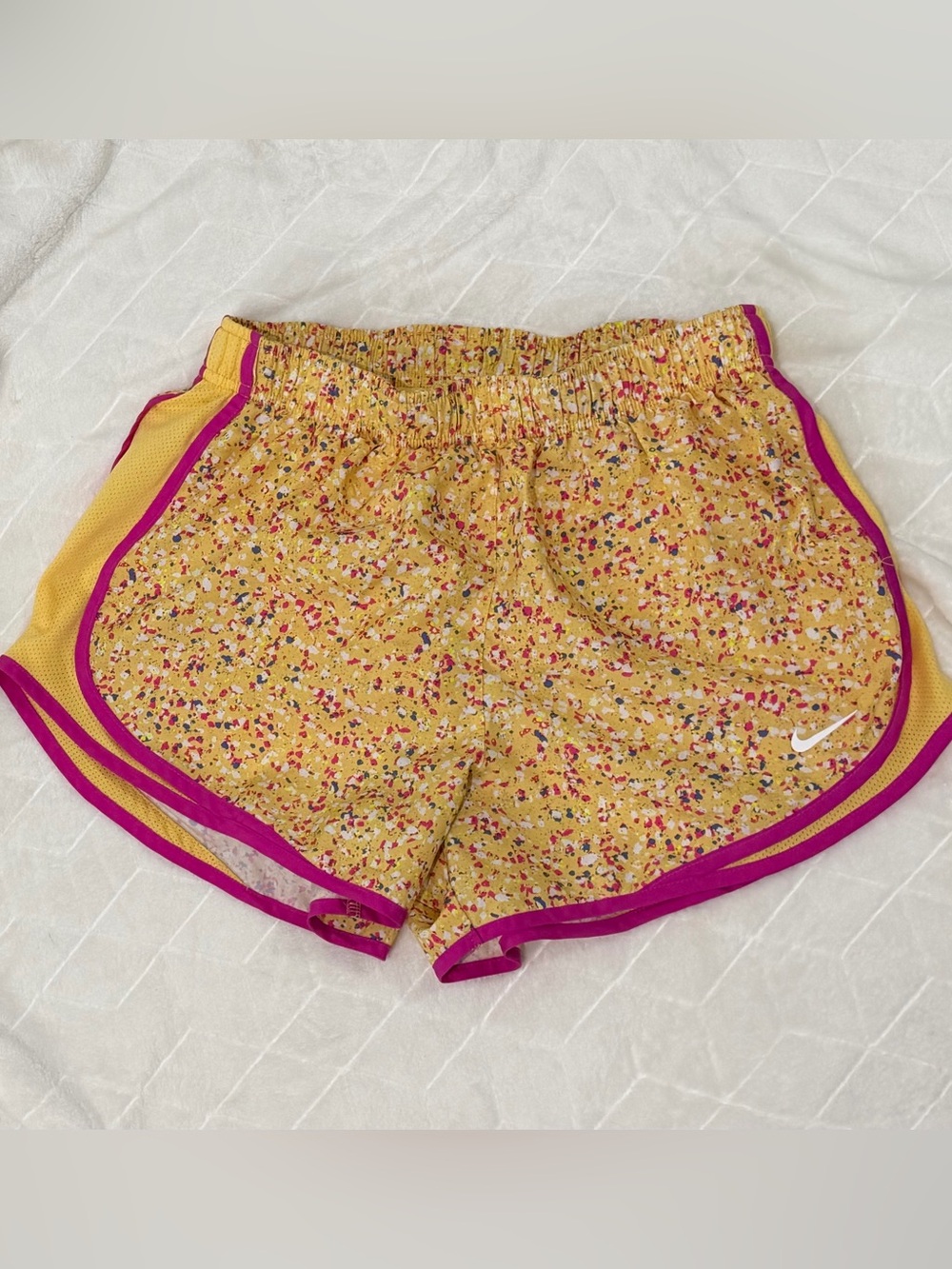Nike Yellow Floral Athletic Shorts with Pink Trim